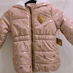 NWT Young Hearts Girls' Pink Gold Polka Dot Puffer Jacket Size 6 Youth